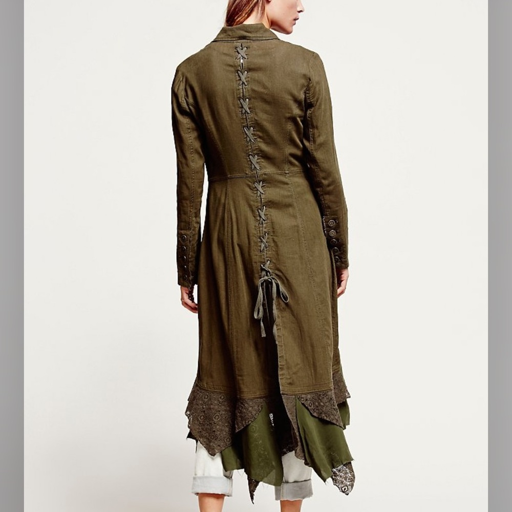 Vintage Free People Linen Maxi Jacket Duster Laced Up Back Lace Hem L - Picture 4 of 10
